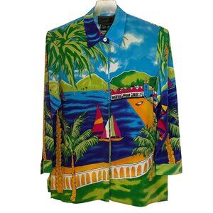 Diane Gilman Women's 100% Silk Blouse Tropical Size Medium Palm Trees, Sail Boat